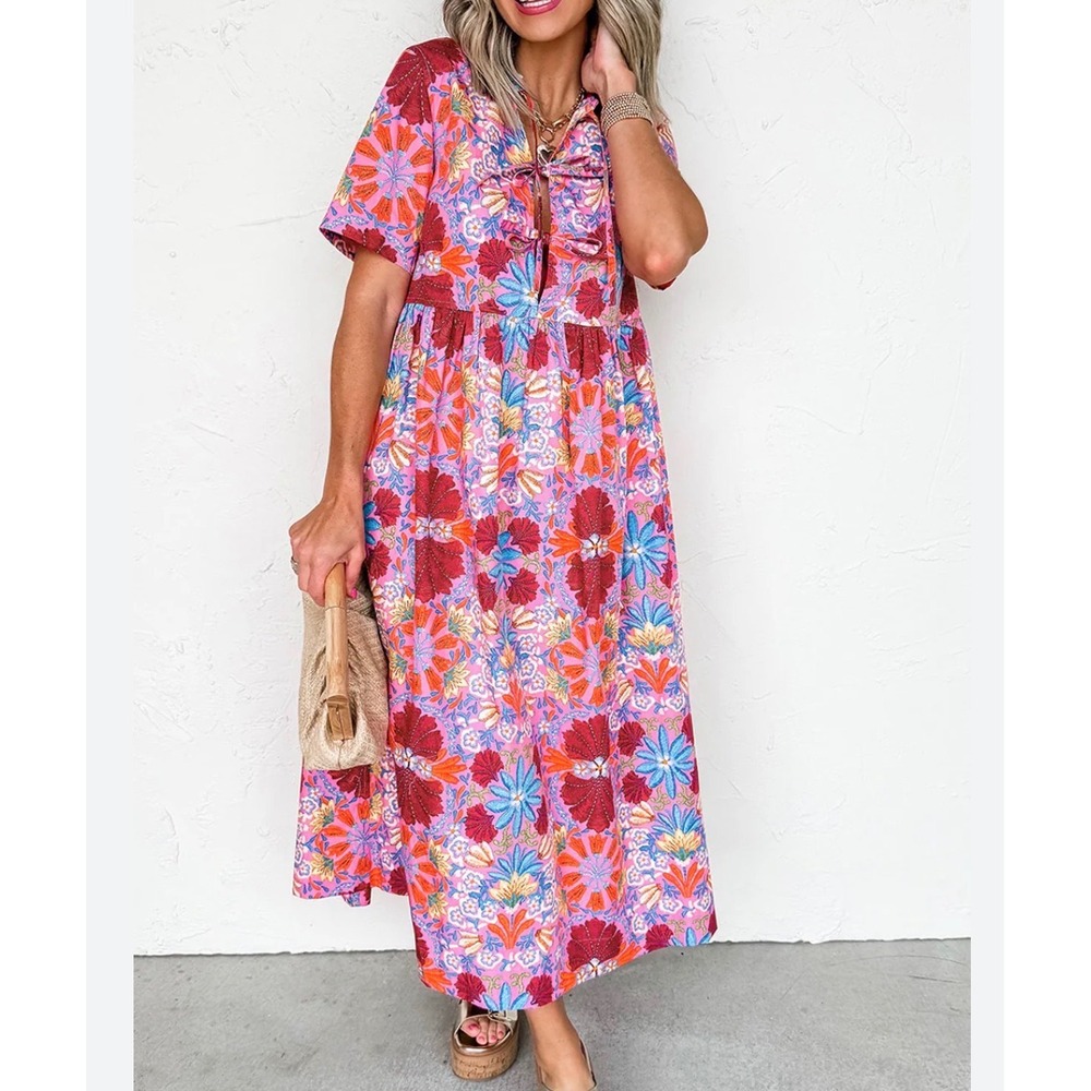 Pink Floral Keyhole Tie Front Maxi Dress Short Sleeve Boho Small Wedding Guest - Picture 8 of 8